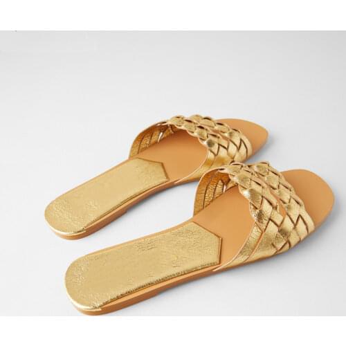 Bailamos 2021 New Golden Woven Slippers Flat Heels Beach Shoes Casual Sandals Woman Outdoor Sandals Flip Flops Mules Slides