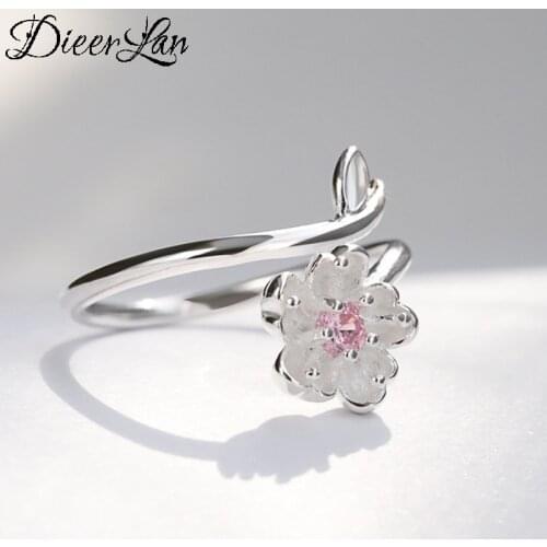Personality Fashion Vintage Silver Color Pink Flower Rings For Women Punk Thai Silver Resizable Rings