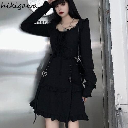 Hikigawa Midi Dresses for Women 2021 New Temperament Vestidos Slim Waist Ruffles Harajuku Black Mini Dress Woman Plus Size 7b759