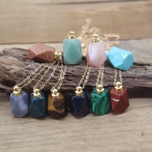 Natural Tiger eye/Agates/Rose Quartzs Essential Oil Vial Pendant Chains Stone Gems Perfume Bottle Charms Necklace Jewelry QC1013