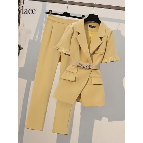 Plus Size Office Ladies Elegant Solid Two Pieces Set Summer Short Sleeve Notched Blazer Coat And Long Pants Work Suits OL Cloth