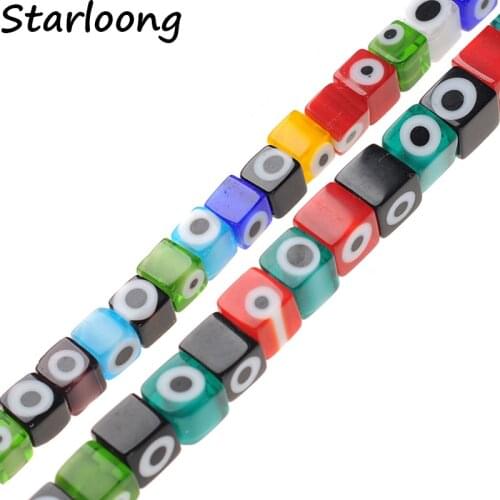 Color Mixed 6/8mm Cube Evil Eye Beads 15" inch Loose Strand Lampwork Glazed Glass Beads for Bracelet Necklace DIY Jewelry Making
