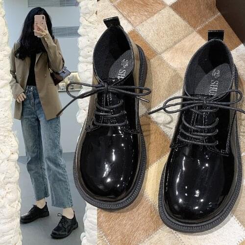 Spring Autumn Women Oxford Shoes Black Lace Up Patent Leather Casual Shoes Round Toe Lolita Shoe Woman Flats zapatos mujer 8905L