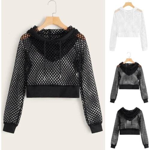 Women Solid Cutout Mesh Insert Cropped Hoodie Sweatshirt Long Sleeve Crop Top Vacation Jacket High Street Transparency Pullovers