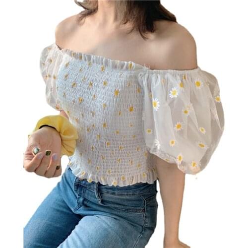 Women Sleeve Shirts Korea Fashion Small Daisy Embroidery Mesh Shirts Summer Short Sleeve Off Shoulder Navel Shirt Tops