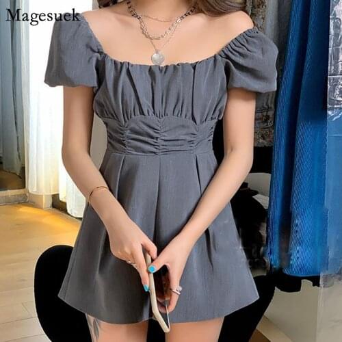 2021 Summer High Waist Pleated Wide Leg Shorts Jumpsuit Women Puff Sleeve off-Shoulder Jumpsuit Rompers Overalls for Women 14395