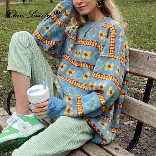 Retro Striped Women Sweaters Pullover Tops Autumn Winter Loose Long-Sleeved O-Neck Knitwear Harajuku Street Style Ladies Sweater