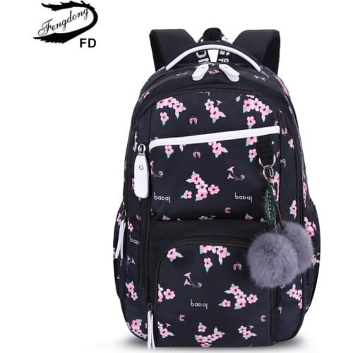 Fengdong kids Cherry blossoms print school backpack children flower school bags for girls plush ball children pen pencil bag set