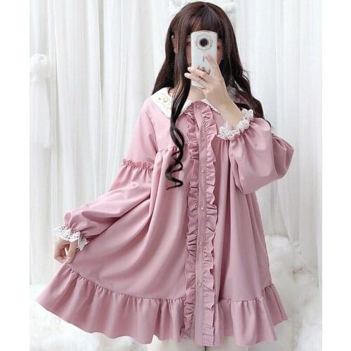 Woman Kawaii Lolita Dress Girls Long Sleeve Vintage Gothic Japanese Princess Party Cosplay Costume Sweet Pink OP Dresses