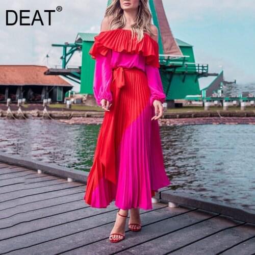 DEAT Woman Long Sleeve Dress Hit Color Pleated Ruffed With Sashes Slim Slash Neck Casual Style 2021 New Autumn Fashion 15HT170