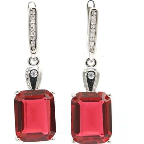 37x11mm Jewelry Set Delicate Fine Cut Rhodolite Garnet White CZ Women 925 Sterling Silver Earrings Pendant