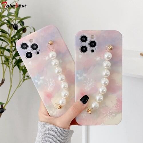 Tobebest Pink Firework Pattern Pearl Bracelet Phone Cases for iphone 12 11 pro max X XS XR 7 8 Plus Chain Wristband Soft Cover