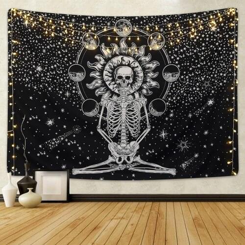 Skull King Meditating In Flowers Moon Tapestry India Mandala Carpet Hippie Divination Tarot Witchcraft Wall Hanging Blanket