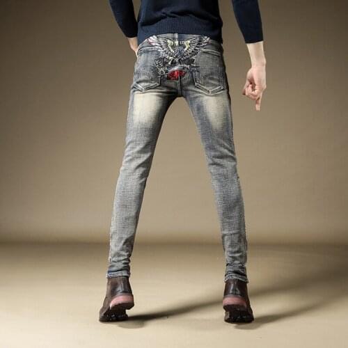 Jeans Mens Skinny Men Male Denim Pant Jeans Embroidered Tide Slim Street Hip Hop Trend Punk Retro Old Feet Trousers Jeans Hombre
