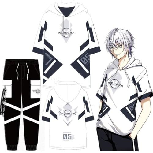 COOL Anime Toaru Kagaku no Railgun Accelerator Cosplay Mens Hooded T-shirt Summer Short Sleeve Fashion TEE Tops PANT