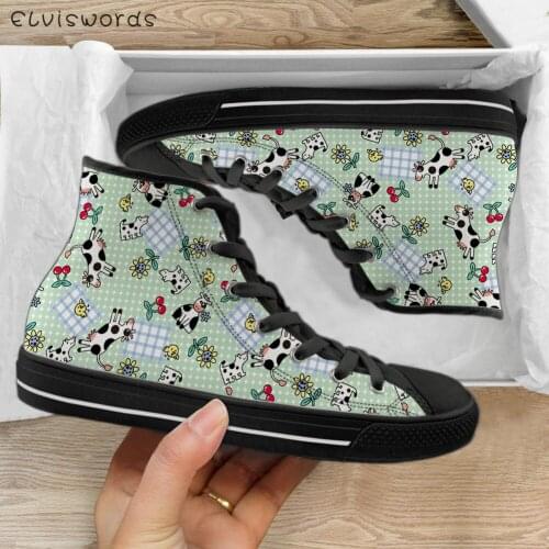 ELVISWORDS Hot Cartoon Cows Pattern Brand Design Womens High Top Shoes Casual Lace Up Flats Vulcanized Sneakers Female Footwear