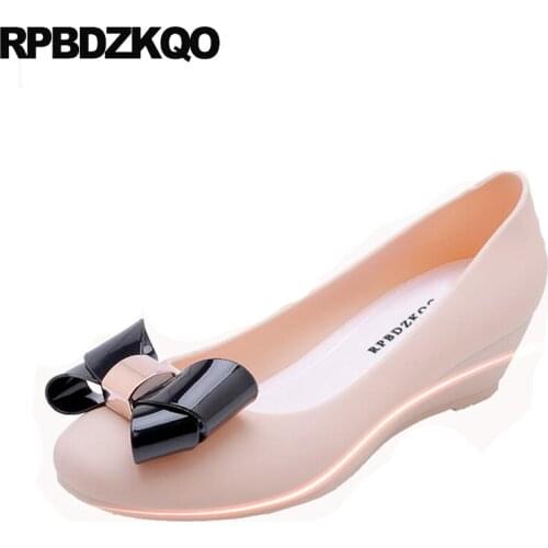 Wedge slip on square toe casual medium heels 2019 pink shoes women black pumps plus size ladies bow blue cheap designer high new