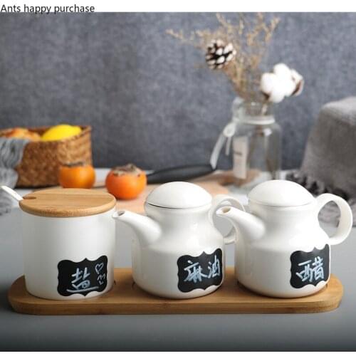 Spice Jar Set Combination Ceramics Vinegar Pot Salt Shaker Home Kitchen Storage Box Finishing Tank Three-piece Suit with Tray