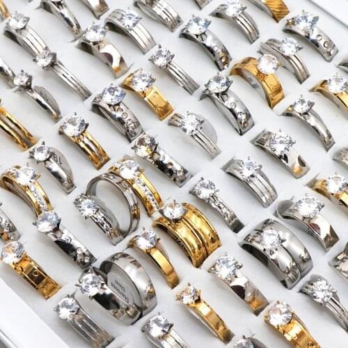 Wholesale 50Pcs/lot Mix Style Zircon Rhinestone Stainless Steel Rings Wedding Ring Women Mens Ring