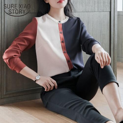 Autumn 2021 New Korean Loose Women Shirts Stand Collar Long Sleeve Chiffon Blouses Plus Size Slim Patchwork Button Tops 6644 50