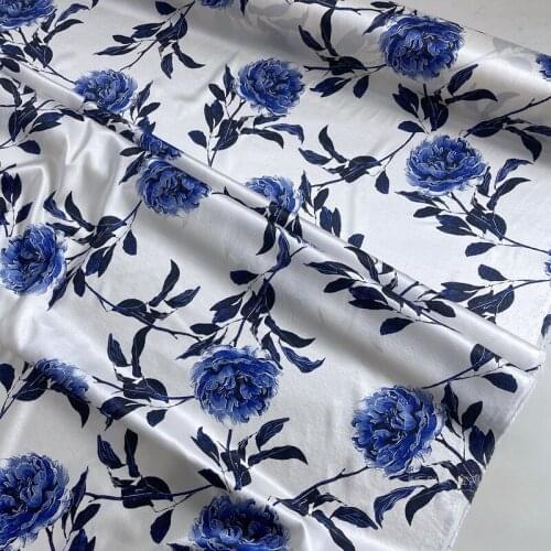 1 Meter Mulberry Silk Silk Fabric Cheongsam Dress Antique Fabric Stretch Satin Blue White Blue Rose