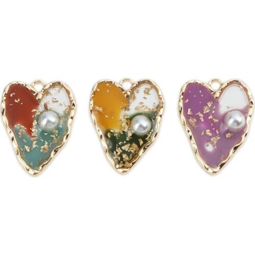 3 Colors Zinc Based Alloy Charms Heart Multicolor Enamel Pendants Gold Color 26*20mm For DIY Necklace Jewelry Making, 5 PCs