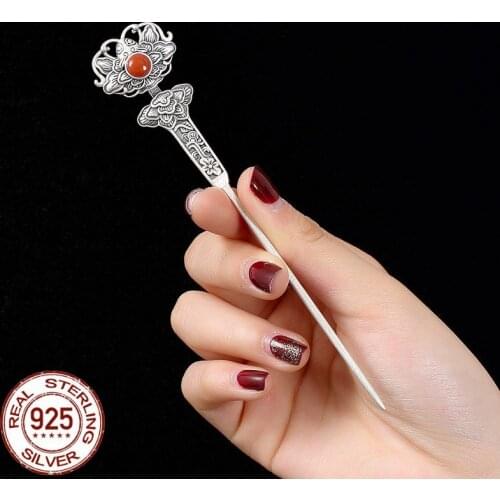 S925 Sterling Silver Hair Sticks Women Traditional Chinese Hair Accessories Natural Stone Hairstick Thai Antique Silver Jewelry