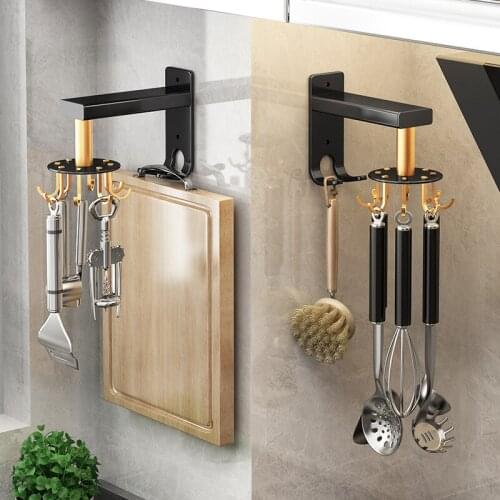 Kitchen Storage Rack Hole-Free Wall-Mounted Storage Rack 8 Hooks Shelf Rotary Spatula Spoon Kitchen Accessories Storage Hooks