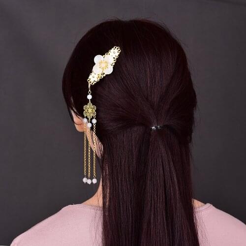 Vintage Exquisite Copper Plate Long Alloy Tassel Hair Jewelry Temperamental Elegant Coloured Glaze Synthetic Flower Hairpins