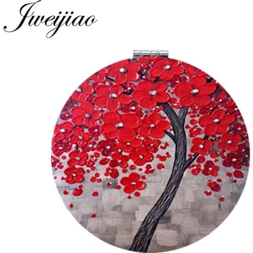 Youhaken Red Leaf Flower TREE Round Makeup Mirror Mini Folding Compact Pocket Mirror 1X/2X Magnifying For Beauty Health
