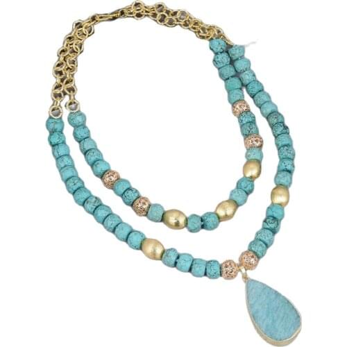GuaiGuai Jewelry Natural Green Faceted Turquoises Amazonites Pendant Necklace Gold Color Plated brushed Beads For Women