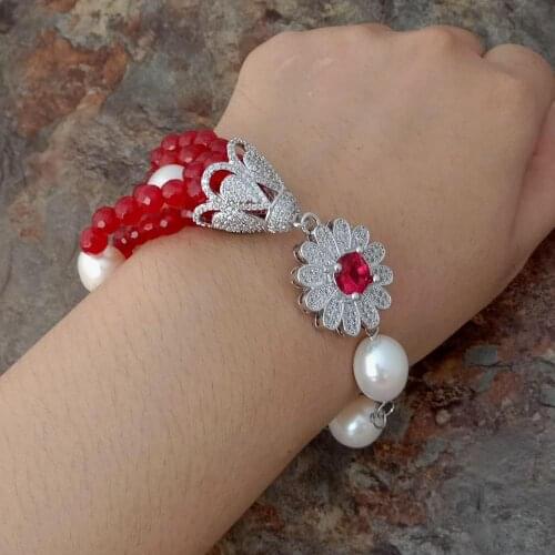 YYGEM 6 Strands 8'' Natural White Baroque freshwater Pearl Red Jade Wrap Bracelet