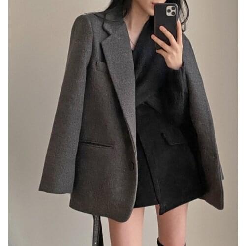 Korea Style Women Casual Blazer Grey Solid Colors Single Breasted Loose Suit Woman Spring Fashion Office Work Long Sleeve Blazer