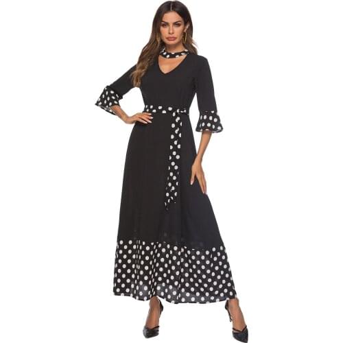 Female Sexy V-neck Hanging Neck Lotus Leaf Sleeve Dress Fashion Women Dot Printed Long Evening Dress Muslim Floor Long Skirt