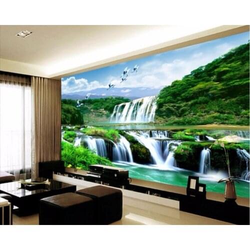 Custom photo 3d room wallpaper Chinese mountain waterfall white crane scenery painting 3d wall murals wallpaper for walls 3 d
