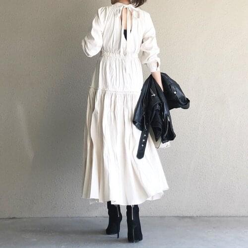 White Womens Dress New Japanese Style Three-Quarter Sleeve Pullover Round Neck Suit Bow Tie Off Collar Sweet Girls Dresses