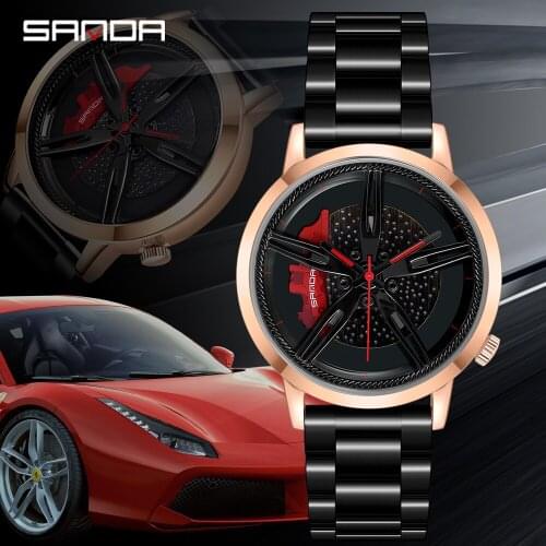 SANDA Top Brand New Mens Watches Fashion Casual Car Wheel Dial Leather Watch for Men Waterproof Quartz Movement wristwatch 1040