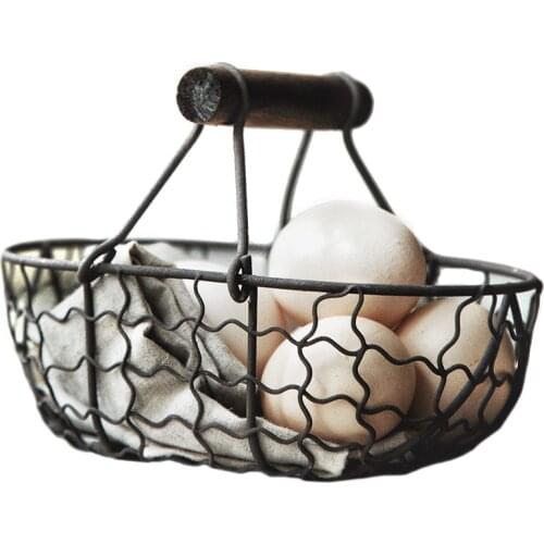 Wooden Handle Decorative Metal Retro Shopping Basket Multifunctional Portable Vegetable Fruit Egg Grocery Bread Storage Basket