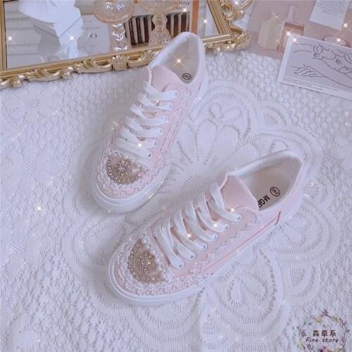 Designer Women Pink Canvas Sneakers Lolita Shining Lace Shoes Low Top Thick Heels Sneakers Girls Casual Running Platform Shoes