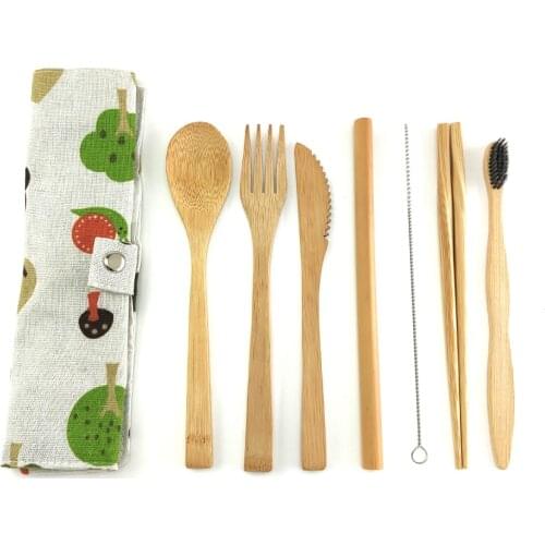 7Pcs/Set Zero Waste Bamboo Travel Utensils with Carrying Bag Dinner Set Portable Reusable For Tableware Dinnerware Kitchen
