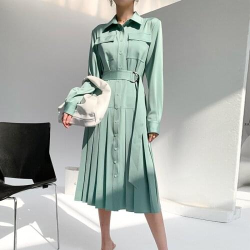 Elegant Feminine Temperament Waist Shirt Collar Tie Belt Pleated Dress Drape Fabric Literary College Style Lady Mid-Length Skirt