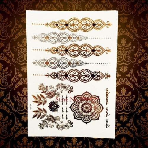 Hot Sale Sexy Bracelets Henna Temporary Tattoo Body Art Arm Sleeve Wedding Tattoo 21*15CM Waterproof Fake Metallic Flash Gold