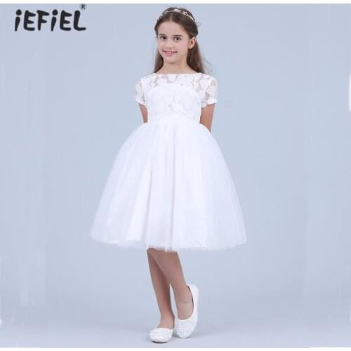 IEFiEL Kids Dresses For Girls Lace Gorgeous Princess Dress Vestidos Back Hollow Heart Shape First Communion Party Wedding Dress