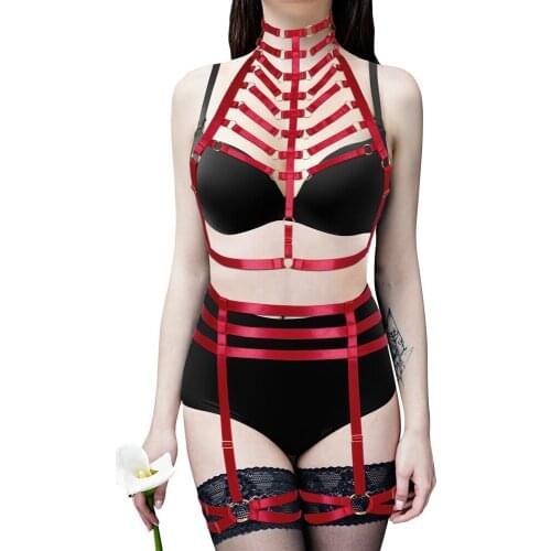 Hollow Lingerie Set Full Body Harness Bra Wine Red Caged Top Strappy High Waist Belt Garter Punk Goth Women Festival Club Wear