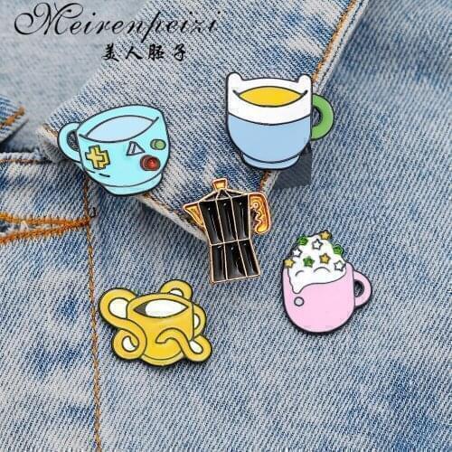 Meirenpeizi Cup and coffee stars Cat combination Denim Enamel lapel pins collection Badges Brooches Gifts for friend Jewelry