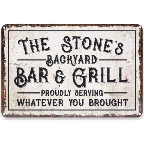 Metal Sign THE STONES BARS GRILL Family Outdoor Dining Bar Vintage Retro Wall Art Deco Poster Square Metal Plate 8X12 Inches