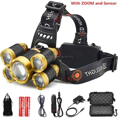 Super bright LED Headlamp T6/L2/V6 Zoomable Head lamp Flashlight Torch Headlight Lanterna With LED Body Motion Sensor for Camp