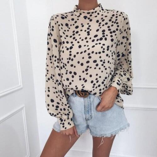 Office Lady Women Chiffon Shirts Back Button Polka Dot Turtleneck Blouse Lantern Sleeve Blouses & Shirts Sweet Femme Chemises