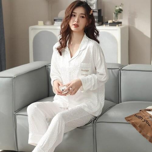 Autumn Women Pajamas Sets Letter Pattern Fashion Silk Female Pyjamas Two Pieces Shirts + Pants Nighties Plus Size 4XL Sleepwear