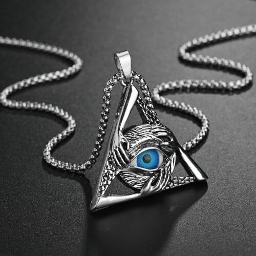 Stainless Steel Charm Triangle Hand Evil Blue Eye Pendant Necklace Gothic Rock Women Men Jewelry Necklaces Long Chain